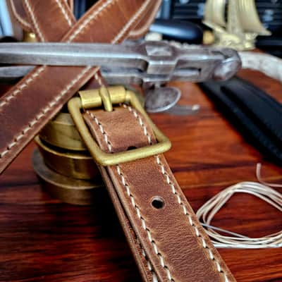Hand Made, Hand Stitched Guitar strap "Rockatansky" in Taupe & Beige - Vegetable Tanned Leather image 4