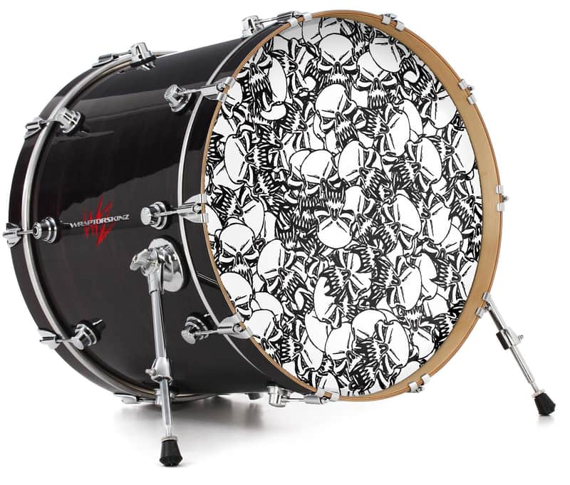 Skin Decal fits 26" Bass Kick Drums Scattered Skulls White image 1