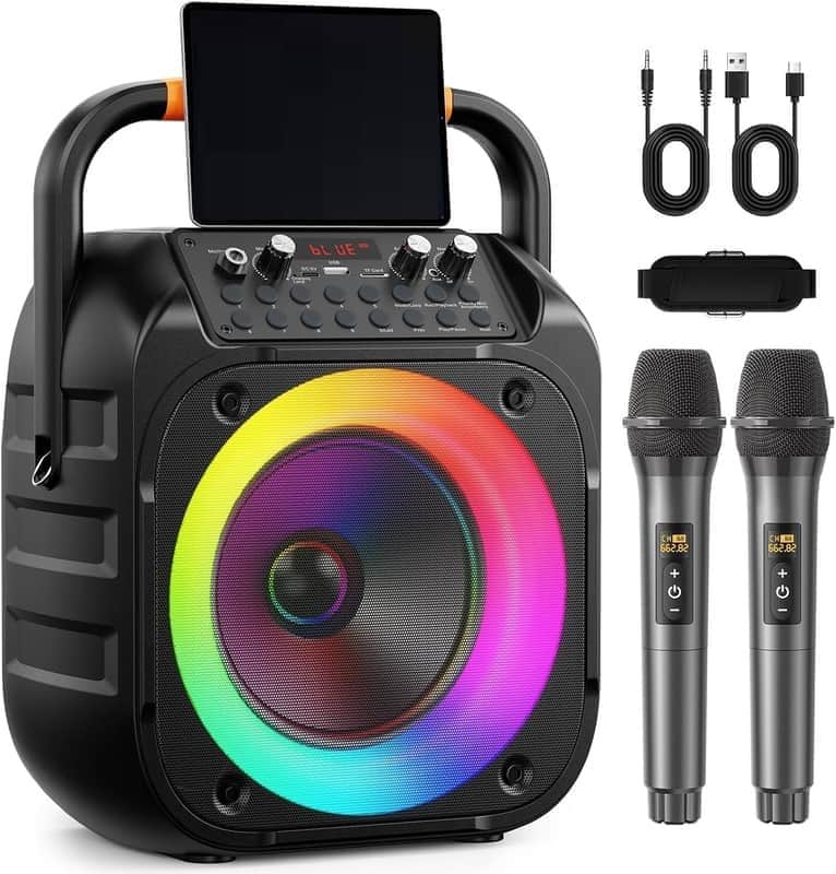 Machine for Adults, Portable Bluetooth Karaoke Speaker with 2 Wireless Microphones, Echo Adjustment, LED Lights, PA System with 6.5" Subwoofer, Support TV/AUX/USB/TF Card (Black) image 1