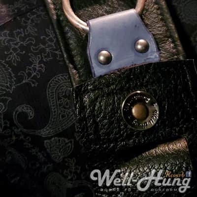 Well-Hung No Prisoners "Blue Steel"  3" wide padded black leather guitar strap with studded feature image 5