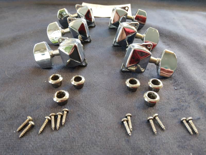 Unbranded 3 by 3 Vintage Closed Tuning Machine Heads. Screws, Ferrules 1970s? - Chrome image 1