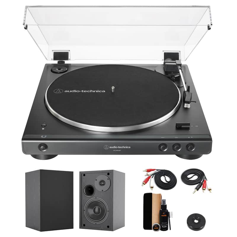 Audio-Technica AT-LP60XBT Fully Automatic Bluetooth Belt-Drive Stereo Turntable (Black) with 45 rpm Adapter, 4 Inch Bookshelf Speakers (Pair) and Waith Record Cleaning Kit (Essential Bundle Set) image 1