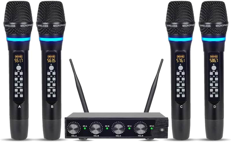 Rechargeable Wireless Microphone System 4 Channel, UHF Metal Handheld Wireless Microphones Cordless Mics with Echo Treble BASS VOL Channel Control for Karaoke Singing Church image 1