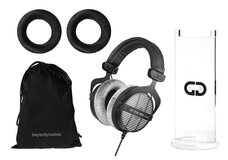 Beyerdynamic DT 990 Pro 250 Ohm Open-Back Over-Ear Monitoring Headphones in Gray Bundled with Replacement EDT 990 VB Ear Pad Set Velour in Black and Headphone Stand (3 Products) image 1