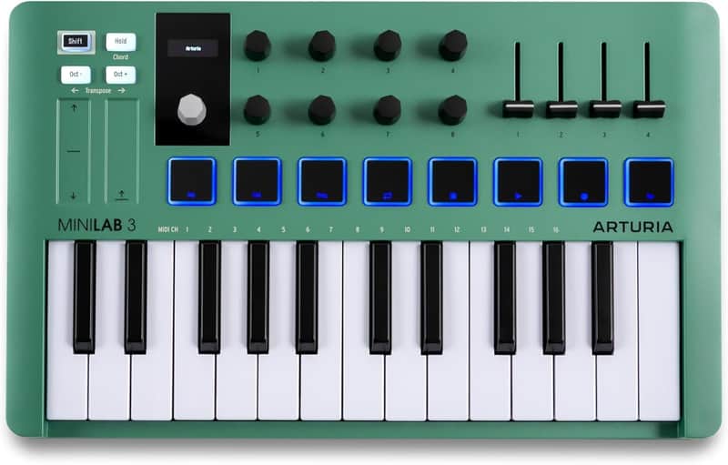Arturia MiniLab 3 — Limited Edition Mint Green 25 Key USB MIDI Keyboard Controller With 8 Multi-Color Drum Pads, 8 Knobs and Music Production Software Included image 1