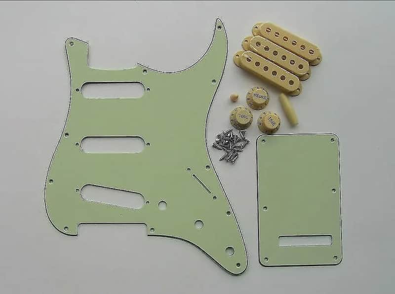 Mint Green SSS Pickguard,Trem Cover w/ Cream Pickup Covers,Knobs,Tips for Strat image 1
