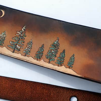 Burny Black Custom Guitar Strap - Pine trees Forest - Vegitable tanned leather For Acoustic or Electric Guitars made to order - oil image 12