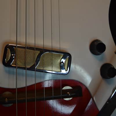 c. 1966 Vintage Harmony Holiday Bobcat, in Redburst w/DeArmond Gold foil PU's. New Black Dunlop Straplocks & New tuners installed, Fret markers installed, Ground installed & Set-Up, plus New Garry Black Hardshell Case image 9