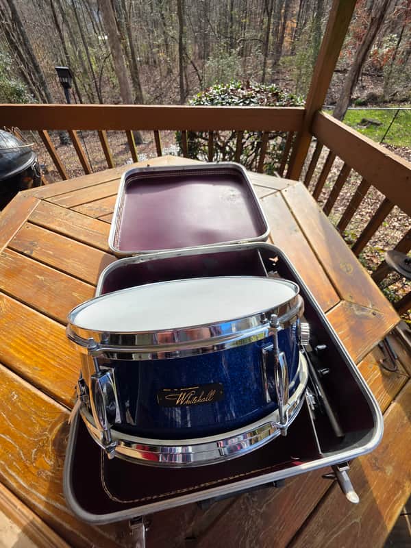 Vintage 1960s Whitehall (Made by Pearl) 14"x5" Blue Sparkle Snare, Stand, and Case image 1