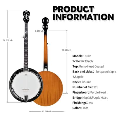 Gosila 5 String Full Size Banjo Solid Back with beginner Kit Remo Head Coated Top European Maple Body Material Sapele Back Material Type Okoume Neck Material Type image 3