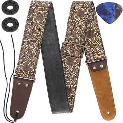 Leather Guitar Strap - PU Leather Western Vintage 60's Retro Strap with Genuine Leather Ends for Electric Bass Guitar, Tie Included, 2 Picks, Bronze image 1