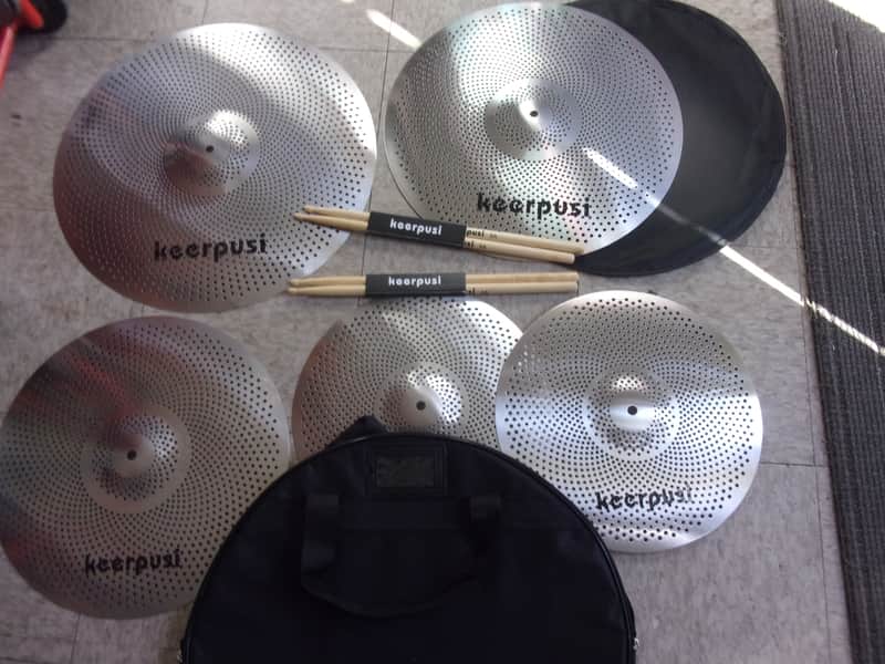 Low Volume Cymbals 5 Pack w/ soft Gig Bag 14" Hats 16" + 18" Crashes 20" Ride + 2 pairs 5A Sticks image 1