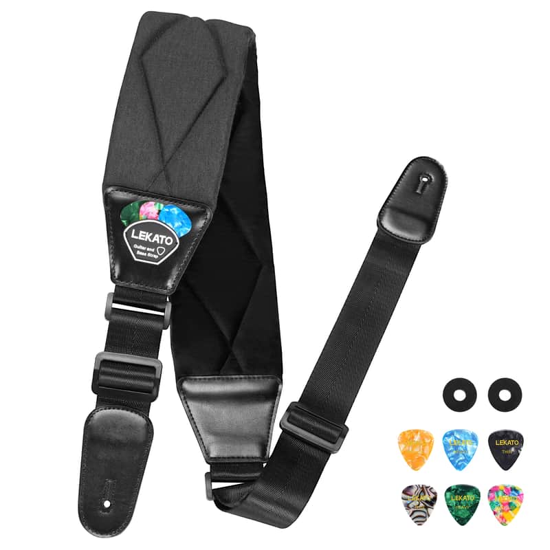 LEKATO LGS-13 Guitar Straps 3.5" Wide for Bass Electric and Acoustic Guitars Free Strap Button with 2 Strap Locks and 6 Picks image 1