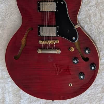 Epiphone Dot Deluxe Flame in red with an Epiphone hardshell case -Vintage Cherry image 1