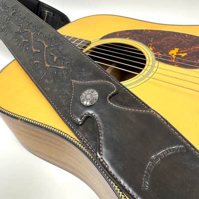 Walker & Williams LIP-06 Dark Rye Tan Carved Leather Spade Cut Strap with Tooled Cross and Thorns image 2