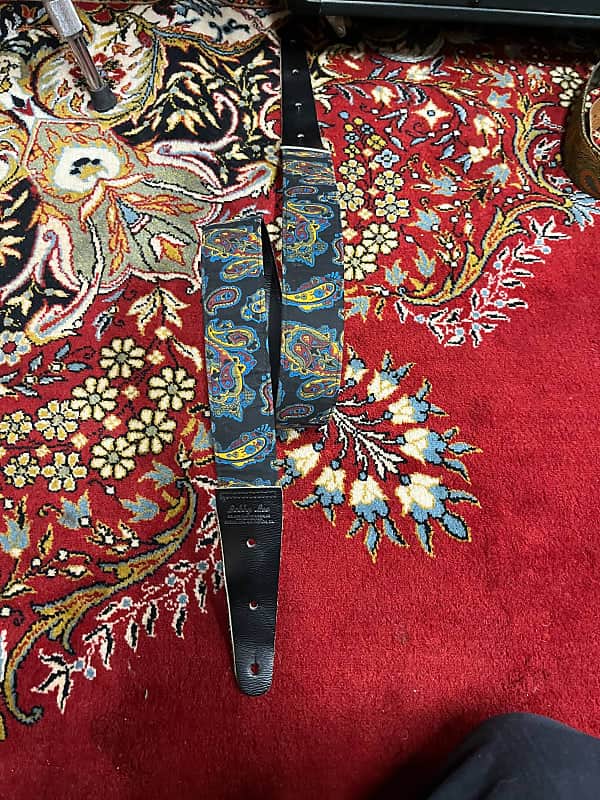 Bobby Lee Black blue orange paisley and black leather guitar strap 1960s image 1