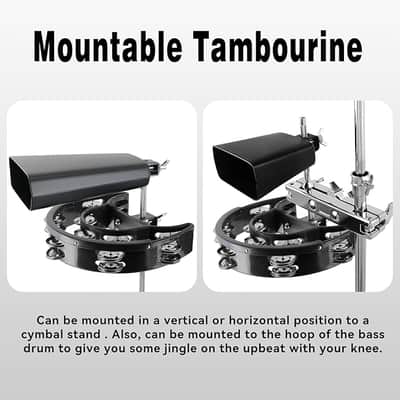 Drum Set Tambourine with Mounting Eye Bolt,Tambourine for Drum Set,Hi Hat Tambourine Double Rows of Jingles(Black) image 3