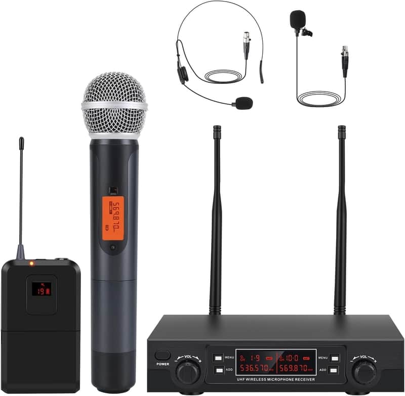 200-Channel Wireless Microphones System, Wireless Lavalier Microphone, Dual UHF Bodypack Cordless Lavalier Mic System Set Long Range 200-240Ft, 16 Hours Ideal for Church (Black) image 1