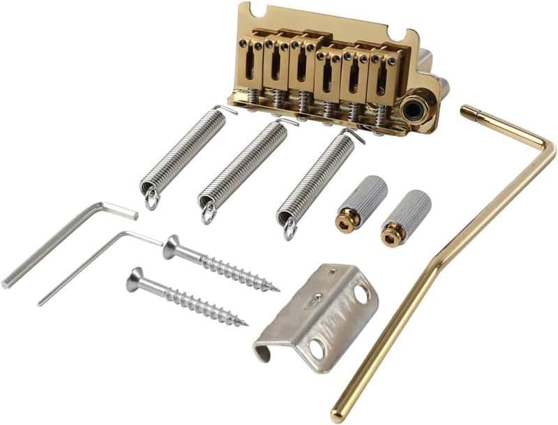 10.5mm Electric Guitar Bridge with Stainless Steel Saddles Plate Brass Block 2 Point Tremolo Bridge Compatible with Stratocaster Strat 6 String Electric Guitar Replacement Parts (Pearl Gold) image 1