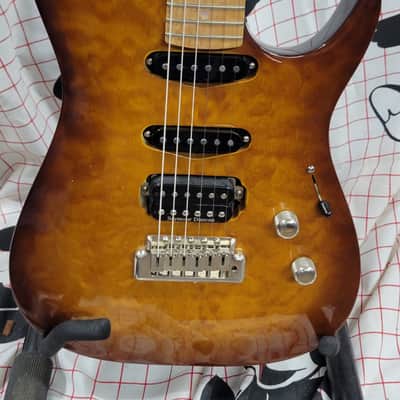 Zion 3 pickup guitar, 1980's/90's quilt top, birdseye neck, amberburst, HC image 2