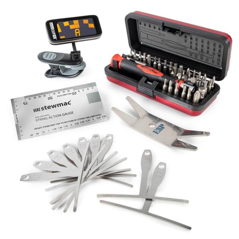StewMac Guitar Tune-up Set, Metric (104743) – Pro Setup Tools for Guitarists with StroboClip HD Tuner Radius Gauges Action Gauge Spanner Screwdriver for Accurate Guitar Maintenance and Adjustment image 1