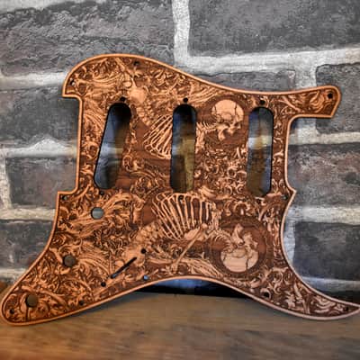 Wood Pickguard for Stratocaster HSS and SSS Laser engraved Real Cherrywood with Unique Artwork "Stumble" image 2