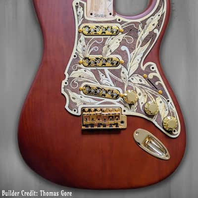 Engraved Cherry Wood Pickguard & Free Tremolo Cover Design #3 for Fender Stratocaster SSS, HSS, HSH Setups Available image 6
