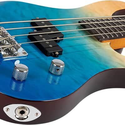Flight Mini Bass (TBL) Solid Body Transparent Blue New - gradient blue finish on a quilted maple top image 4