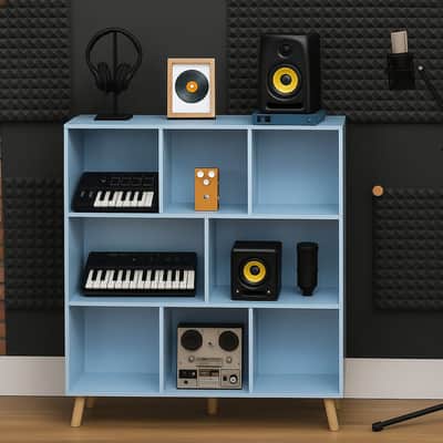8-Cube Modern Storage Bookcase – Blue Floor Standing Organizer for Vinyl, Studio Gear & Music Room Decor image 1