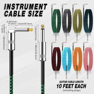 10ft Multicolored Braided 1/4" TS Instrument Cable (8-Pack) - Guitar & Amp Cords image 2