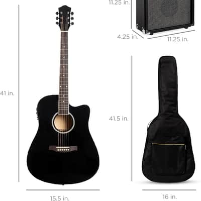 Beginner Acoustic Electric Guitar Starter Set w/ 41in, All Wood Cutaway Design, Gig Bag, Strap, Picks - Black image 2