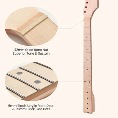 Electric Guitar Neck, 12"-16" Compound Radius, Canadian Hard Maple Neck & Fretboard, 22 Stainless Steel Frets (2.4x1.4mm), Oiled Bone Nut 42mm, Matte Finish image 4