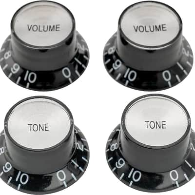 Pro Metric Size 18 Spline Top Hat Bell Reflector 2 Volume 2 Tone Knobs Set for Epiphone Les Paul SG Electric Guitar Asia Import Guitar Bass Split Shaft Pots, Black with Silver Top image 1