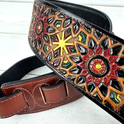 Walker And Williams WW-LIH-2 Hand Carved Premium Black And Brown Leather Strap With Gold Earth Zodiac Star Design image 6