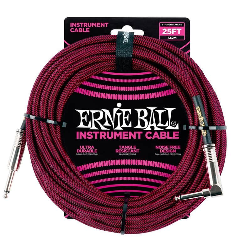 Photos - Cable (video, audio, USB) Ernie Ball Braided Instrument Cable, Straight/Angle, 25ft, (P0... Red/Black 