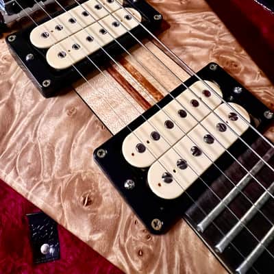 Moonstone FLAMING V flying v 1984 - Natural Paduak & maple burl image 20