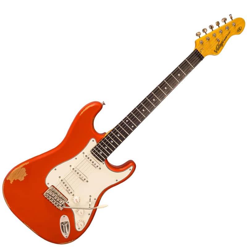 Vintage V6 ICON Electric Guitar ~ Distressed Firenza Red image 1