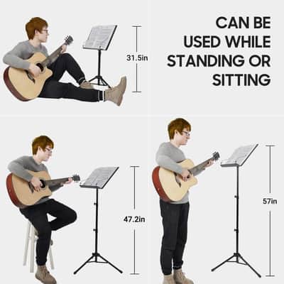 5 in 1 Dual-use Sheet Music Stand & Desktop Book Stand Metal Portable Solid Back Height Adjustable from 31.4-57in with Book Stand Support, Carrying Bag, Sheet Music Folder and Clip image 6