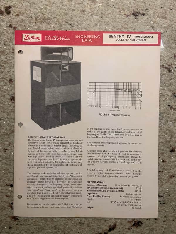Vintage 1970s Kustom Electro Voice Sentry IV Professional Loudspeaker System Spec Sheet! image 1