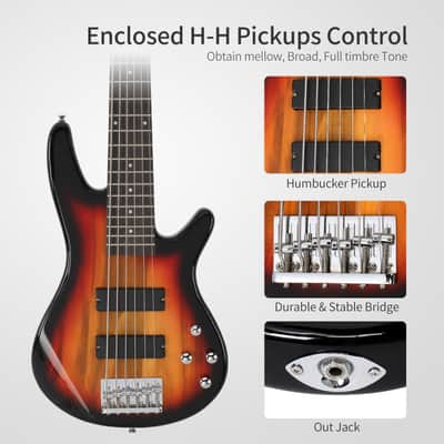 Glarry Full Size GIB 6 String H-H Pickup Electric Bass Guitar Bag Strap Pick Connector Wrench Tool 2020s - Sunset Color image 3