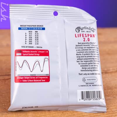 Martin MA550T 13-56 Medium Authentic Acoustic Lifespan 2.0 Treated 92/8 Phosphor Bronze Guitar Strings image 2