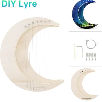 Lyre Harp 7 String DIY, Moon Shaped Lyre Harp Musical Instrument, Wood String Instruments, Make Your Own Basswood image 3