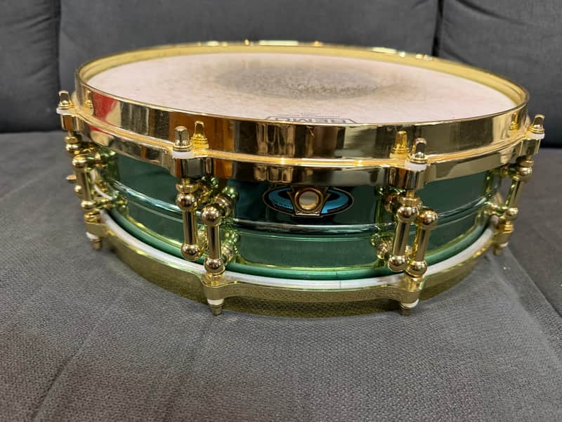 Ludwig LW0414CP Carl Palmer "Venus" Signature 3.7x14" Brass Piccolo Snare Drum 2010s - Green Lacquer over Brass image 1