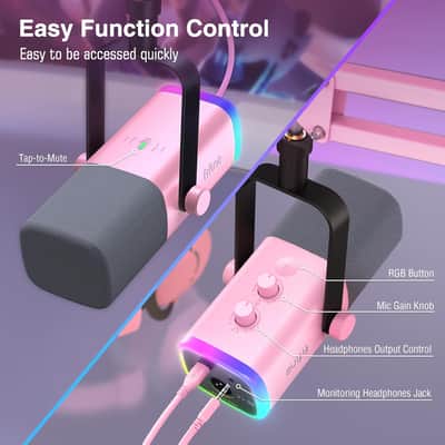 XLR Gaming Microphone USB, PC Dynamic Microphone Kit for Vocal, Recording, Podcast, Streaming RGB Mic with Headphone Jack, Mute Button, Boom Arm Stand for Computer/Mixer-AmpliGame AM8T Pink image 5