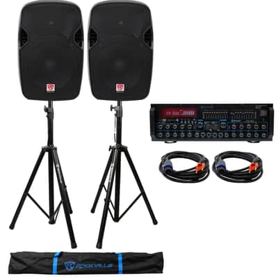 (2) Rockville SPGN124 12" 1200W DJ PA Speakers+Bluetooth Amplifier/Mixer+Stands image 1
