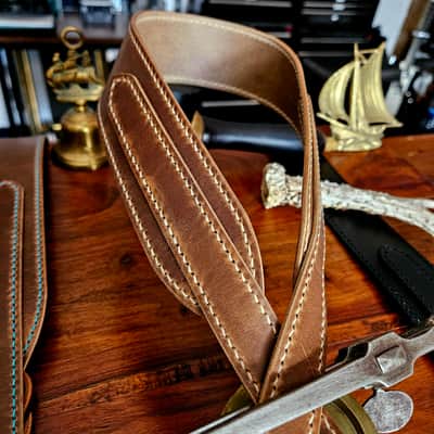 Hand Made, Hand Stitched Guitar strap "Rockatansky" in Taupe & Beige - Vegetable Tanned Leather image 10