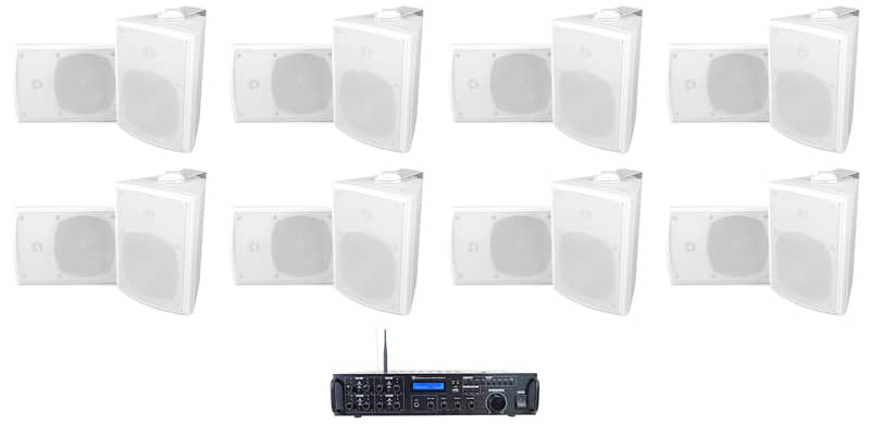 Rockville Rock Zone 8 Ch. Multi Room Home Receiver+16) White 5.25" Wall Speakers image 1