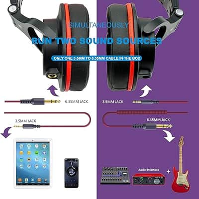 Over Ear Headphone, Wired Bass Headset with 40mm Driver, Foldable Lightweight Headphones with Shareport and Mic for Recording Monitoring Mixing Podcast Guitar PC TV (Black Grey) image 5