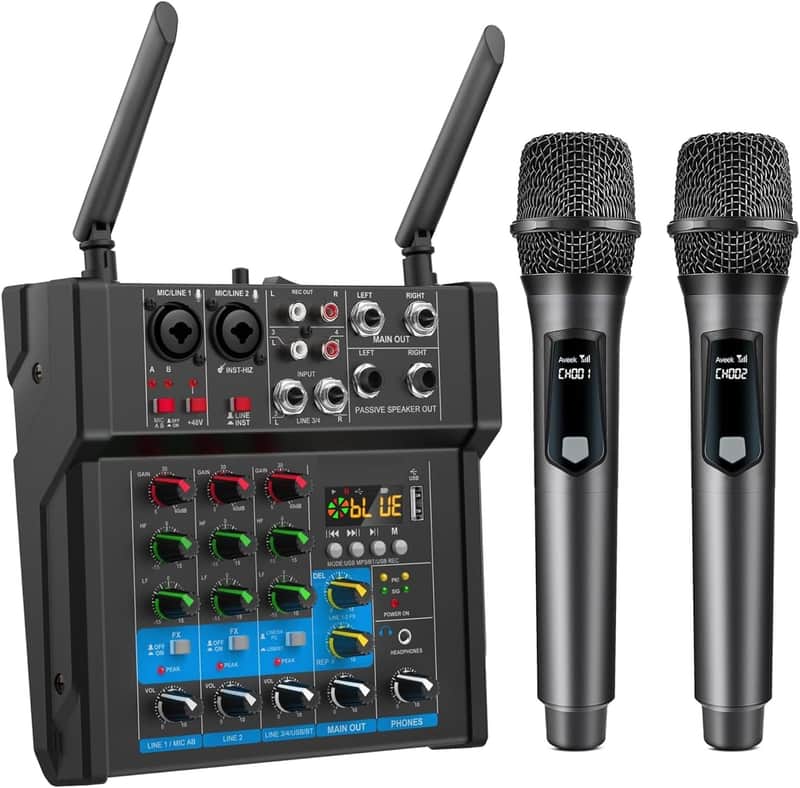 150W x2 Powered Amplifier Audio Mixer,4 Channel with Dual Wireless Mic Sound Board Console MP3 Digital USB Bluetooth Computer Input 48V Phantom Power Stereo DJ Mixing for Karaoke Party image 1