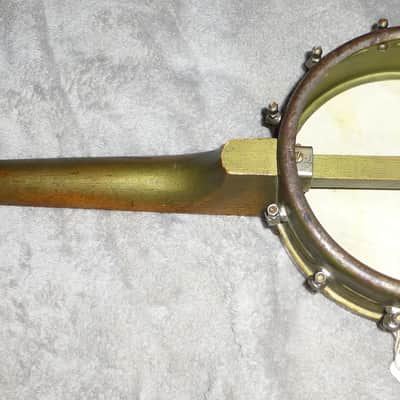 Vintage 1920s Harmony made Montgomery Ward Metal Shell Banjo Ukelele Original Gold Paint,Tuners, Nut, Top Skin Head, Adjustment Key, Banjo Uke image 3
